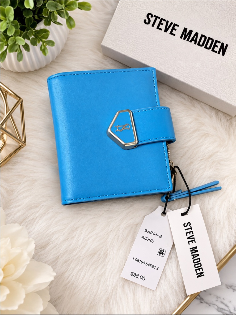 Steve Madden Azure Blue Snap Card Wallet with Logo Hardware